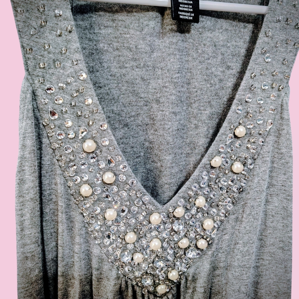 White House Black Market Gray Embellished Top